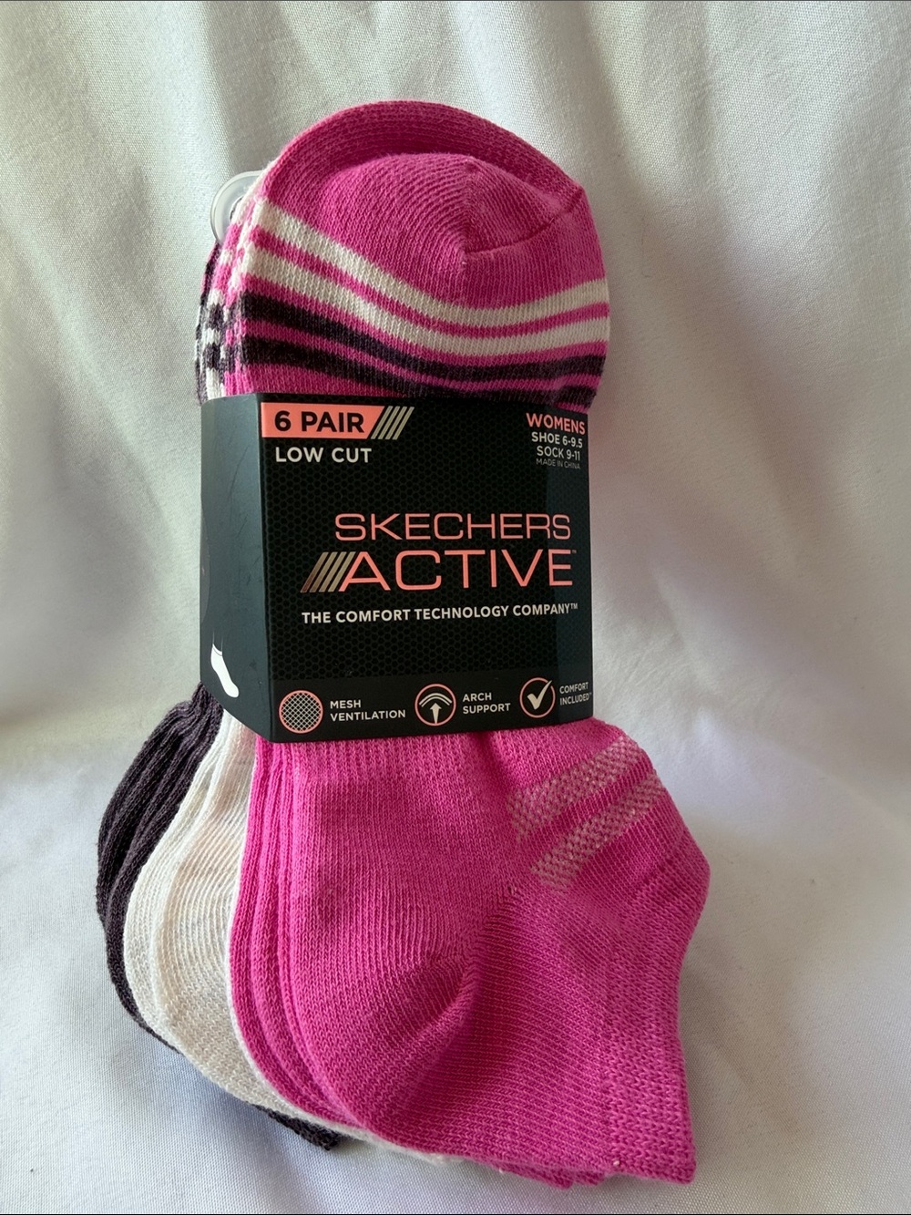 Skechers Active Women's Low Cut Socks - Pink & White Stripe (6 Pack)